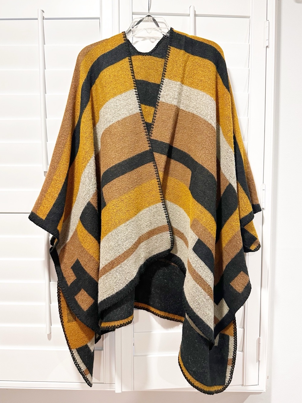Colorblock Knit Ruana Poncho Wrap Cardigan Mustard Brown Black One Size